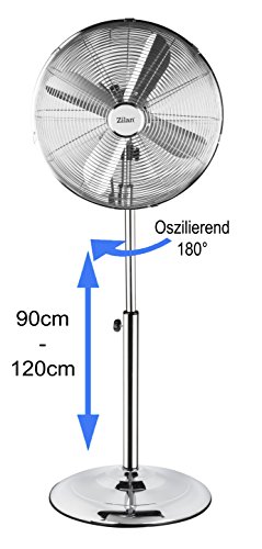 Vollmetall Standventilator | Ventilator | Stand Fan | Luftkühler | Windmaschine | Ø 40cm, 50 Watt, 3 Geschwindigkeitsstufen | 180° Rotation | leiser Betrieb | Höhenverstellbar 90-120cm