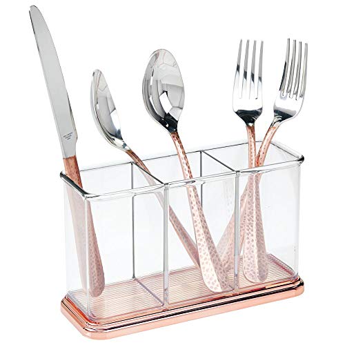 mDesign Range Couvert en Plastique - Porte Couvert pour la Cuisine et la Table - Pot à ustensile Polyvalent avec 3 Compartiments - Transparent et Or Rouge