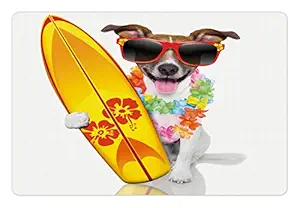 Ambesonne Ride The Wave Pet Mat for Food and Water, Surfer Puppy with Sunglasses and Tropical Hibiscus Flowers Hawaiian Dog Print, Non-Slip Rubber Mat for Dogs and Cats, 18