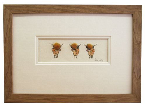 Penny Lindop Designs - Framed Highland Cow Picture - A Row Of 3 Cows - Handmade In Britain