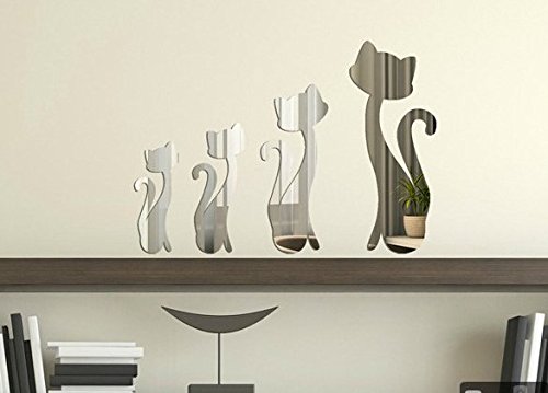 VWH Silbrig 3D 4 Katze Stil Abnehmbarer Spiegel-Wand-Aufkleber - 3