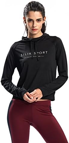 Womens Long Sleeve Active Silik Hoodies Sweatshirt Casual Sporting Pullover Top, Black, XL