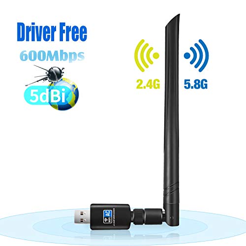 ANEWKODI USB WiFi Adaptateur 600Mbps Driver Free-Auto Install Clé WiFi Dongle sans Fil AC Dual Band 2,4GHz/5GHz Clef WiFi avec 5dBi Antenne Détachable pour Windows 10/8/8.1/7/Vista/XP, Mac 10.6-10.13