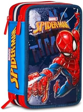 Seven Spiderman Astuccio Scuola 3 Zip, Blu, Portapenne Triplo Scomparto Completo Di Penne, Matite, Colori, Accessori Zaino, Scuole Elementari, Bambino