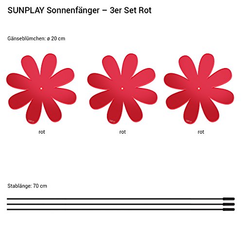 SUNPLAY Sonnenfänger „Gänseblümchen“ in ROT, 3 Stück zu je 20 cm Durchmesser im Set + 70 cm Schwingstäbe - 2