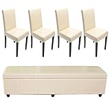 Lieferumfang: Bank + 4x Stuhl Mendler Garnitur Sitzgruppe Bank mit Aufbewahrung Kriens XXL+4 Stühle Littau, Leder ~ Creme