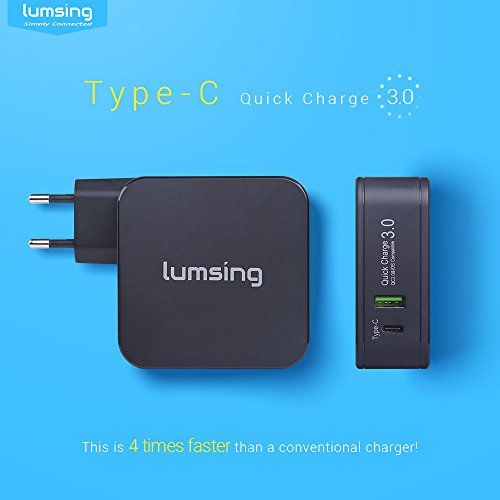 Lumsing Dual Port 18W Quick Charge 3,0 USB Wandladegerät +29W USB C Ladegerät Wand Ladeadapter für Apple Macbook, Google Nexus 6P, HTC 10, Galaxz S7, LG G5 und andere Smartphone Geräte(Schwarz) - 2