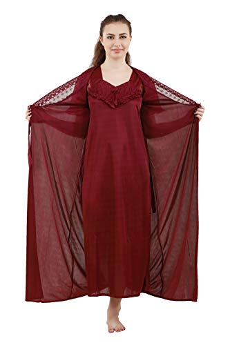 Women's Satin Lace Work Nightdress with Robe (Size - Small, Medium, Large) (Pack of 2 Pcs)
