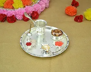 GoldGiftIdeas 8 Inch Mini Shubh Labh Silver Plated Pooja Thali Set (8 x 8 Inches)