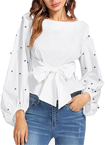 Hangyin White Pearl Beaded Belted Blouse Plain Lantern Sleeve Round Neck Top Spring Women Work Long Sleeve Blouse