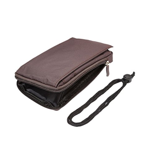 DFV mobile - Multi-functional Universal Vertical Stripes Pouch Bag Case Zipper Closing Carabiner for => KYOCERA TORQUE X01 > Brown XXM (18 x 10 cm)