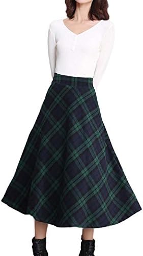 Women's Vintage Winter Warm A-Line Plaid Maxi Skirt Q0064 (Green, XL/TagsizeXXL)
