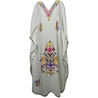 Womens Maxi Caftan Dress White Embellished Kimono Kaftan Resortwear One Size