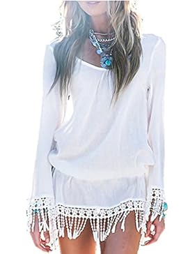 ERGEOB Damen Langarm-Spitze gesäumten hohlen Strandkleidung Kittel Gr. EU 34-38