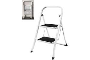 QIMU Heavy Duty Steel 2 Step Ladder Portable Compact Folding Metal Stepladder Stool Multi Purpose for Home Garden Warehouse Kitchen Mini Small Stepladder Stable Up to 150kg/330lbs Capacity