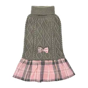 KUTKUT Plaid Sweater Dress with Bowtie for Small Dogs - Dog Turtleneck Pullover Knitwear Cold Weather Sweater with Leash Hole, Suitable for Small Dogs, Cats Puppies