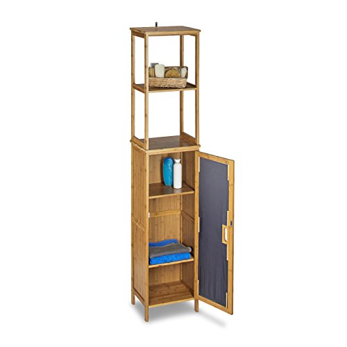 Relaxdays Badregal Bambus HBT 170 x 33,5 x 28 cm Badschrank mit 6 Ablageflächen mit praktischen Stauraum für Badeaccessoires als Standregal mit Schrank und 2 verstellbaren Einlegeböden für Bad, natur