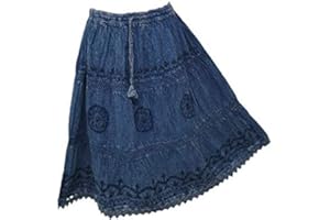 Doorwaytofashion Womens Knee Length Cotton Skirt Tiered Embroidered Adjustable Waist Lined One Size 8 10 12 14 16