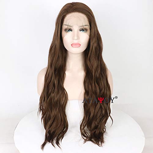 ATAYOU Peluca Delantera Rizada Larga Del Cordón Del Marrón Oscuro De Las Mujeres Peluca Llena Sintética A Prueba De Calor Con 1 Peluca Libre