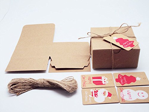 JEMPAK UK Pack of 10 Brown Kraft Gift/Favour Boxes with hinged lid (10cm x 10cm x 5cm). String & Xmas Tags Included.