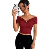 TIVANTE Off-Shoulder Top for Women Stylish, Ruched V Neck Tops for Woman with Gold-Tone Metal Buckle Detail || Fitted Tops fo