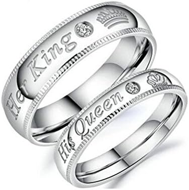 Jiedeng Jewelry Women Ring Stainless Steel Ring with "her King his Queen" CZ Friendship Promise Anniversary Engagement Wedding Ring for Women Silver Size J 1/2