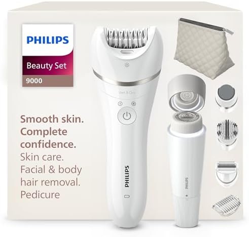 Philips Beauty Set Serie 9000 - Set all-in-one per tutto il corpo, epilatore senza fili, wet & dry, 6 accessori, modello BRE770/92