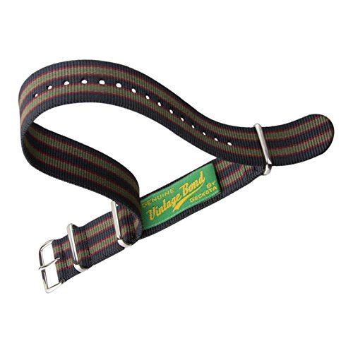 Vintage Bond Nylon NATO Uhrenarmband bei Geckota, poliert, Dunkelblau / Rot / Grn gestreift, 22mm Vintage Bond Nylon NATO Uhrenarmband bei Geckota, poliert, Dunkelblau / Rot / Grn gestreift, 22mm