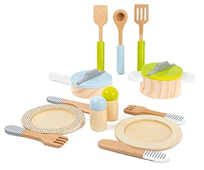 Small Foot - Service de Table et Lot de casseroles Enfants, l'utilisation de Couverts en Bois favorise la motricité, l'ensemble DE 15 pièces est Un complément Parfait à Toute Cuisine de Jeu, pour Les Petits Chefs à partir de l'âge de 2 Ans. Jouets,…