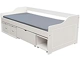 Multifunktionsbett mit Nachttisch, 4 Schubladen und Bettkasten; weiße Lackierung (white-washed) mit durchscheinender Holzmaserung