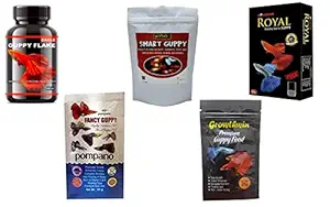 Best Guppy Fish Foods 5n1 Combo Goldtails Smart Guppy Fish Food, Royal, Eagle, Growthwin and Pompano Guppy Fish Foods