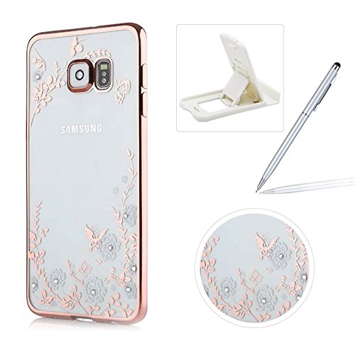 Für Samsung Galaxy S6 Hülle Transparent Schutz Case,Weiches Silikon Klar Dünn Gummi Durchsichtig Mit Strass Diamant Glitzer Bling Tasche Schutzhülle,Herzzer Flexibel Luxuriös (Rose Gold) Galvanisieren Plated Rahmen Bumper [Weiß Blumen Muster] Kristall Gel Handy Silikonhülle Schutztasche Schale Hüllen Case Cover für Samsung Galaxy S6 + 1 x Frei Weiß Handy Halterungen Ständer + 1 x Frei Silber Stylus Stift