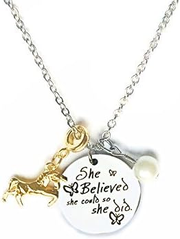 Inspirational Stainless Steel Unicorn and Pearl Jewelry Pendant Necklace Letter Tag Necklace for Women Girls Gift - She Believed She Could So She Did