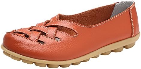 NIUERTE Women's Geniune Leather Straps Across Casual Slip-On Loafers Orange 7 UK