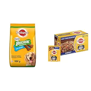 Pedigree Biscrok Biscuits Dog Treat (Above 4 Months) Chicken Flavour, 500g Pack & Adult Wet Dog Food, Grilled Liver Chunks Flavour in Gravy with Vegetables, 15 Pouches ( 15 X 70 g )