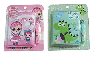 AUM Lovely Princess & Dino Small Pocket Diary with Small Pen for Kids Cute Cartoon Stationery Set with Lovely Princess & Spiderman for Students Kids Children Birthday Return Gift Pack of 02