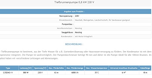 Tiefbrunnenpumpe 6000l/h 230V 0,8 kW Ø90 mm Tauchpumpe Edestahl Brunnenpumpen sandverträglich - 2