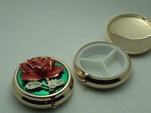ROUND PILL BOX GOLDPLATED - RED ROSE "3D" - BNIB- 5CM - 3 COMPARTMENTS.