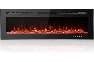 M.C.Haus Ultra Thin Electric Fireplace, Low Noise, 12 Different Flames, Recessed Wall Mounting, Glass Touch Screen and Remote Control, with Crystal and Log (127 cm/50 inches, Black)