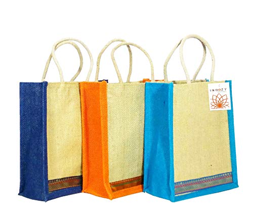 INDOZY Laminated Jute Bags for Lunch and Gifting with Zip for Men and Women, Medium Size (Multicolour) - Combo of 3