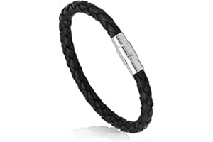 Branets Bracelet en cuir véritable noir corde pour hommes Bracelet en acier inoxydable à fermoir à gâchette pour hommes et garçons