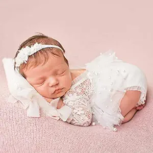 M&G House White Lace Newborn Photography Outfits Girl Newborn Photography Props Pearl Lace Rompers Newborn Girl Lace Romper Photoshoot Outfits Halloween (Long Sleeve, White, 0-2Months)