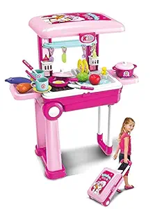 Kn2 MART 2 in 1 Kitchen Set for Girls Kids Pretend Role Play Food Toy Briefcase Trolley with Cooking Utensils Items Light (Multicolor)