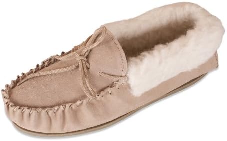 Nordvek Womens Genuine Suede Sheepskin Wool Lined Moccasin Slippers With Wool Collar &amp; Non-Slip Hard Sole # 417-100, Camel, 5 uk