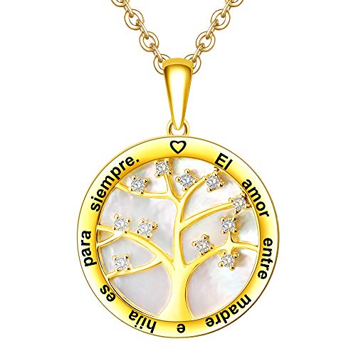 LOVORDS Collar Mujer Plata de Ley 925 Colgante Árbol de la Vida Familiar Grabado con Nácar Regalo Madre Mamá Hija Niña