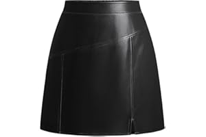Kate Kasin Women's Faux Leather Skirt A-Line Mini Skirt High Waist Front Slit Short Pencil Skirt Autumn Winter Casual Party Office