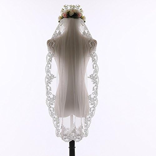 Bridal Romantic Hair Veil Waist Length with Flower Purfle Lace Edge Veils Wedding Cathedral Accessories with Comb for Women 130cm, Ivory