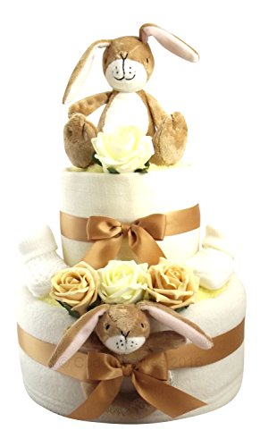 Two Tier Unisex Neutral Nappy Cake Baby Gift with Cuddly Bunny Soft Toy with FREE UK Delivery
