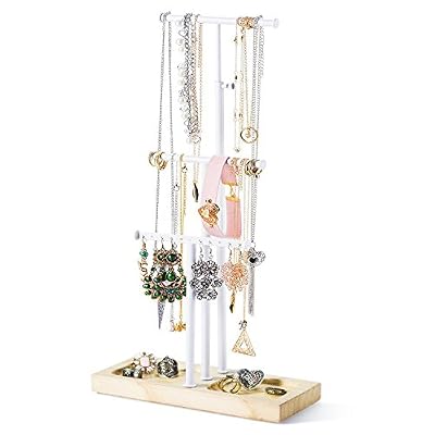 Love-KANKEI® Présentoir&Rangement de Bijoux Avec un Plateau En Bois et 3 Barres Métalliques(une hauteur réglable) Pour Organiser Colliers Bracelets et Boucle d'oreille