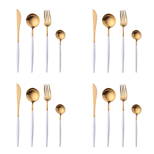 16 Pezzi Bianco+Oro Set di Posate con Lucidatura Opaca, Bisda 304 Acciaio Inossidabile da Tavola Servizio per 4 Lavabile in Lavastoviglie